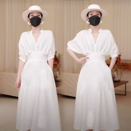 [Four-sided elastic fabric] High-end French light luxury dress, female niche design, waist waist style, fashionable white shirt