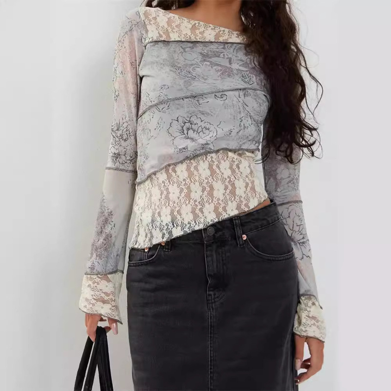 Women's T-shirt CHRONSTYLE Retro Women's Lace Stitching T-shirt Top Long Sleeve Flower Print Asymmetrical Under