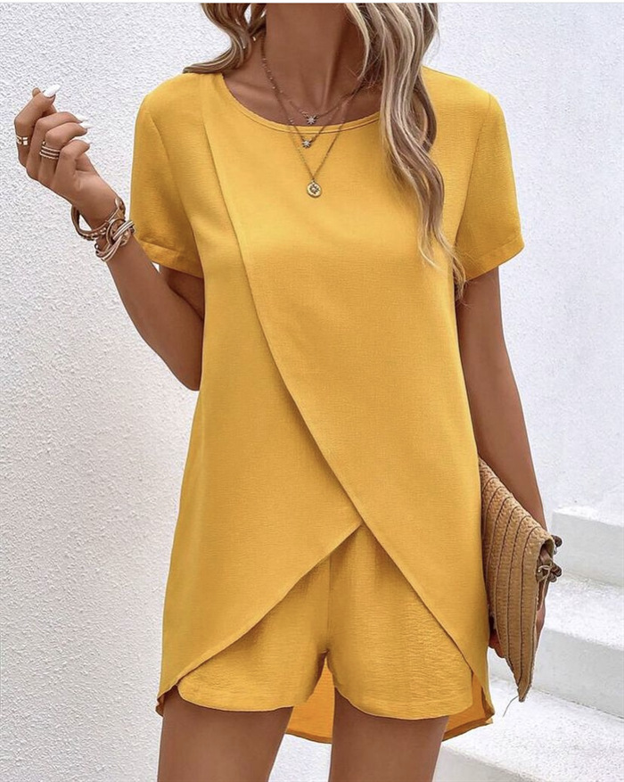 Summer Women's Solid Colour Two-piece Set With Irregular Top_voghion.com