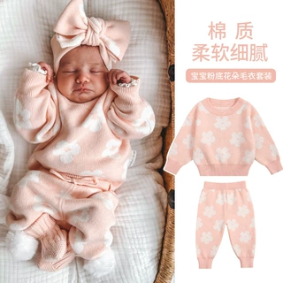 宝宝毛衣套装纯棉婴儿针织超洋气女粉底花朵针织衫毛衣两件套
