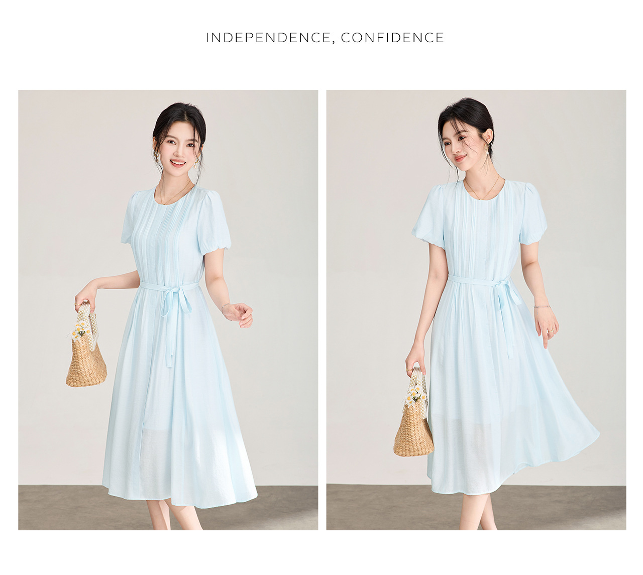 Đầm maxi nữ cổ tròn thắt lưng ren dáng dài — xanh lam chi tiết 13