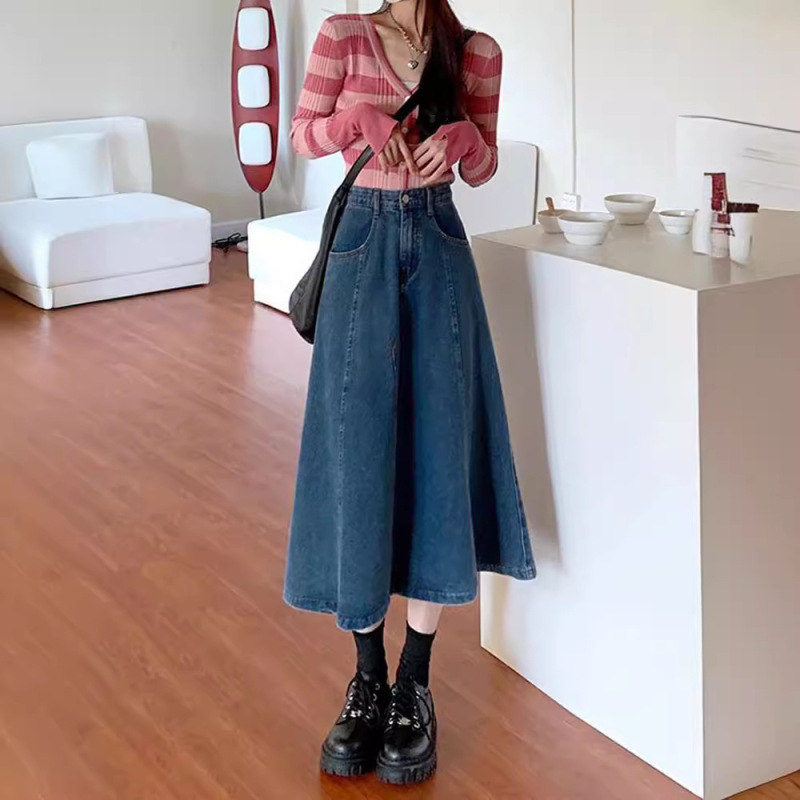 Design sense stitching Denim skirt A- line umbrella skirt spring Korean version 2024 new high waist slimming skirt women's clothing