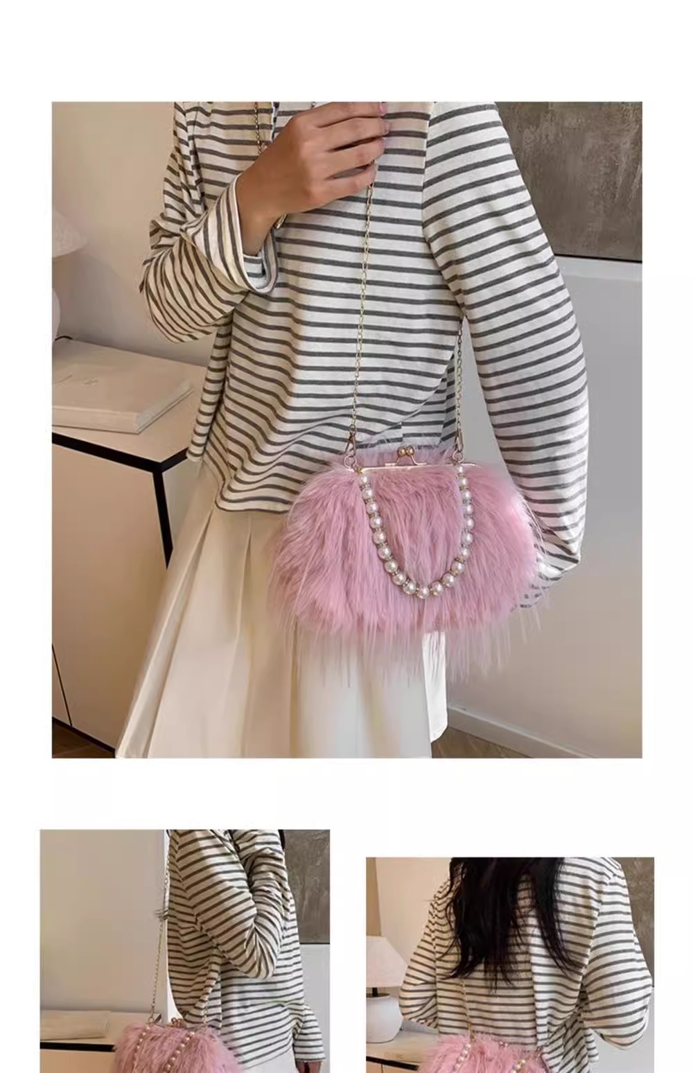 Women's Exquisite furry plush bag messenger bag autumn and winter plush bag pearl chain handbag_voghion.com