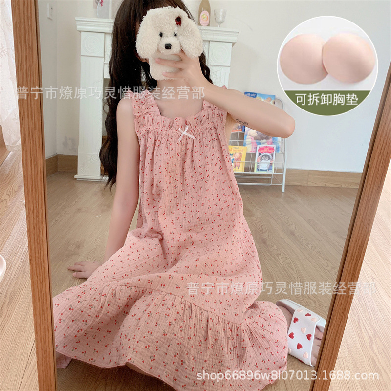 Pijama de cabina para mujeres polvo de cereza de verano algodón trenzado cojín de pecho pijama largo viento rojo de primavera y verano ropa para el hogar