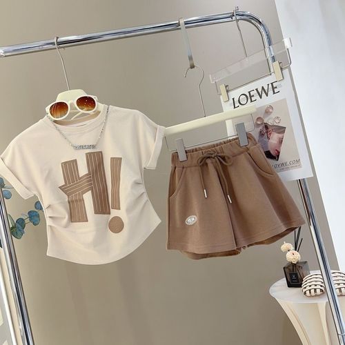 Girls' Short Set Cute Summer New Han Style Printed Casual Fashion Two-Piece Outfit for Older Children