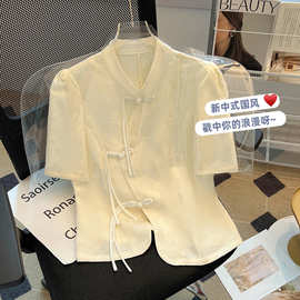 新中式高级感白色衬衫女斜襟立领职业短袖衬衣雪纺提花短袖上衣