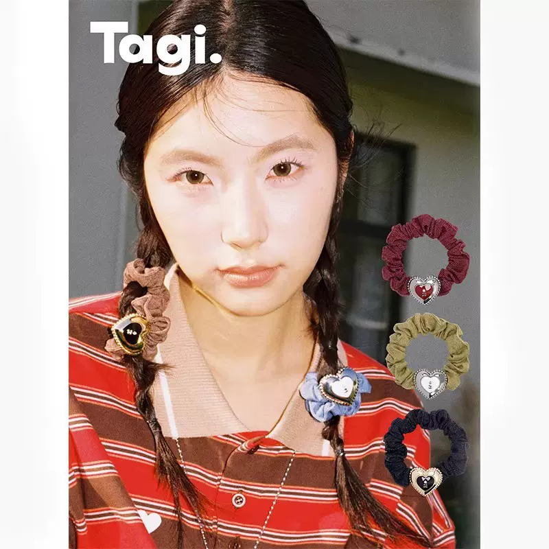 Tagi.奶油爱心金属滴油镶钻复古牛仔发圈发饰发绳小肠圈