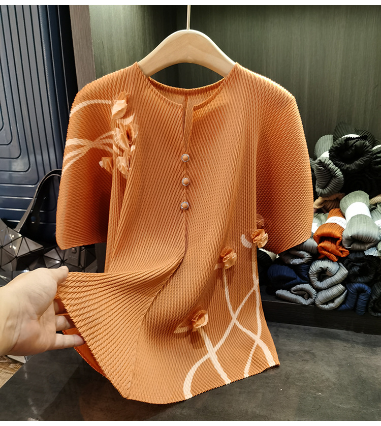 Áo kiểu nữ cổ V tay cánh dơi xếp ly vảy cá dáng rộng mùa hè — quả cam, đậu xanh, hoa hồng đỏ, màu xanh lá cây chi tiết 14