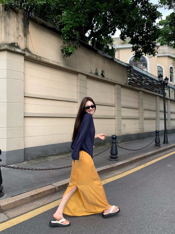 气质慵懒时尚套装裙女夏季新款薄款露背长袖T恤上衣半身裙两件套|undefined