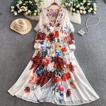 欧美宫廷风复古绝美仙气印花V领连衣裙女春秋单排扣收腰显瘦长裙