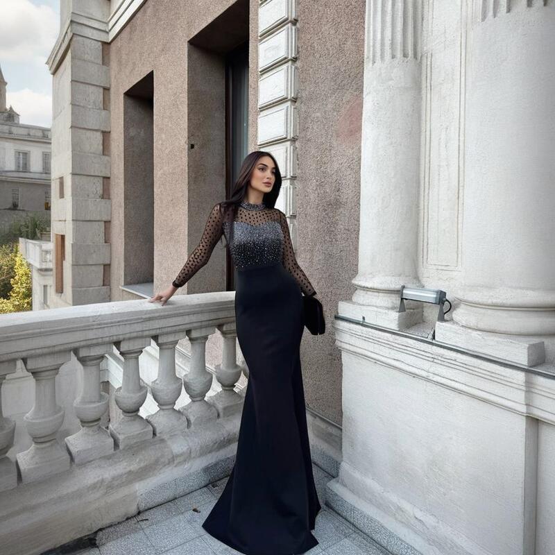 CY901796 European and American Hot Drilling Mesh Long-sleeved Stitching Waist Split dress Women's Slim-fit Long Dress for Women