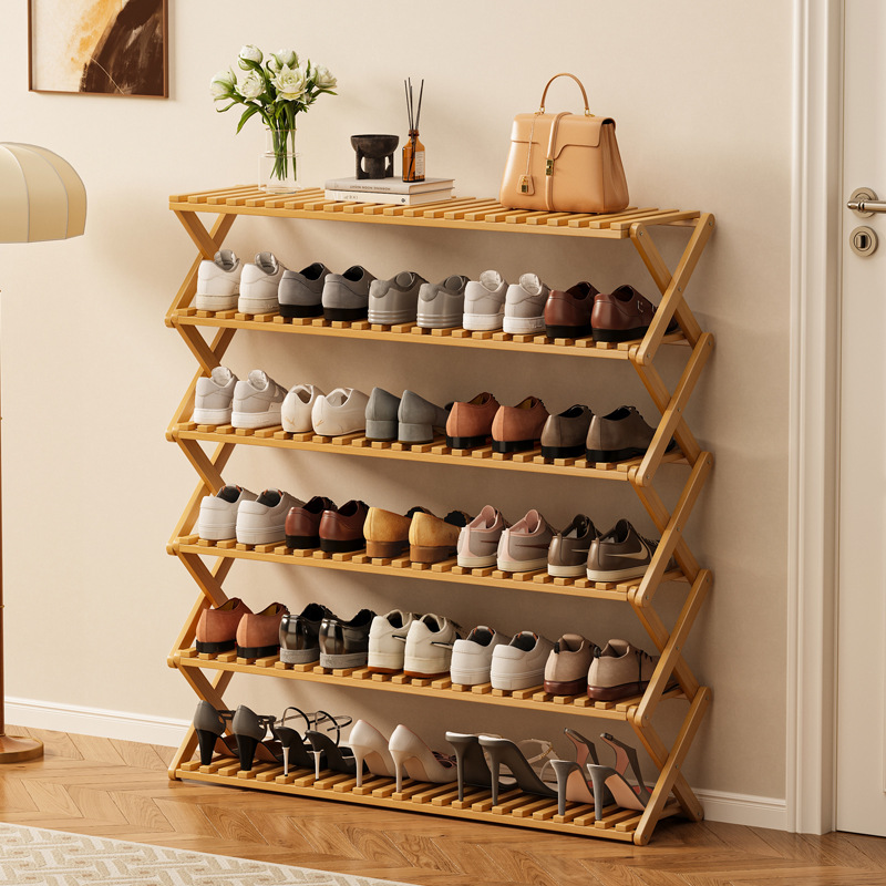 Zapatero, sin instalación, plegable, simple estante económico multicapa para el hogar, estante de almacenamiento para puerta de dormitorio, zapatero de bambú