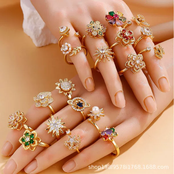 Rotating Ring for Women, Gold-Plated, Non-Fading, Elegant, Open Mouth, Daisy, Star, Moon, Zircon, Cross-Border 2024 New Style