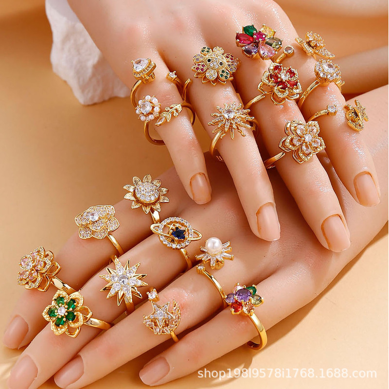 Rotating Ring for Women, Gold-Plated, Non-Fading, Elegant, Open Mouth, Daisy, Star, Moon, Zircon, Cross-Border 2024 New Style Rotating Ring for Women, Gold-Plated, Non-Fading, Elegant, Open Mouth, Daisy, Star, Moon, Zircon, Cross-Border 2024 New Style