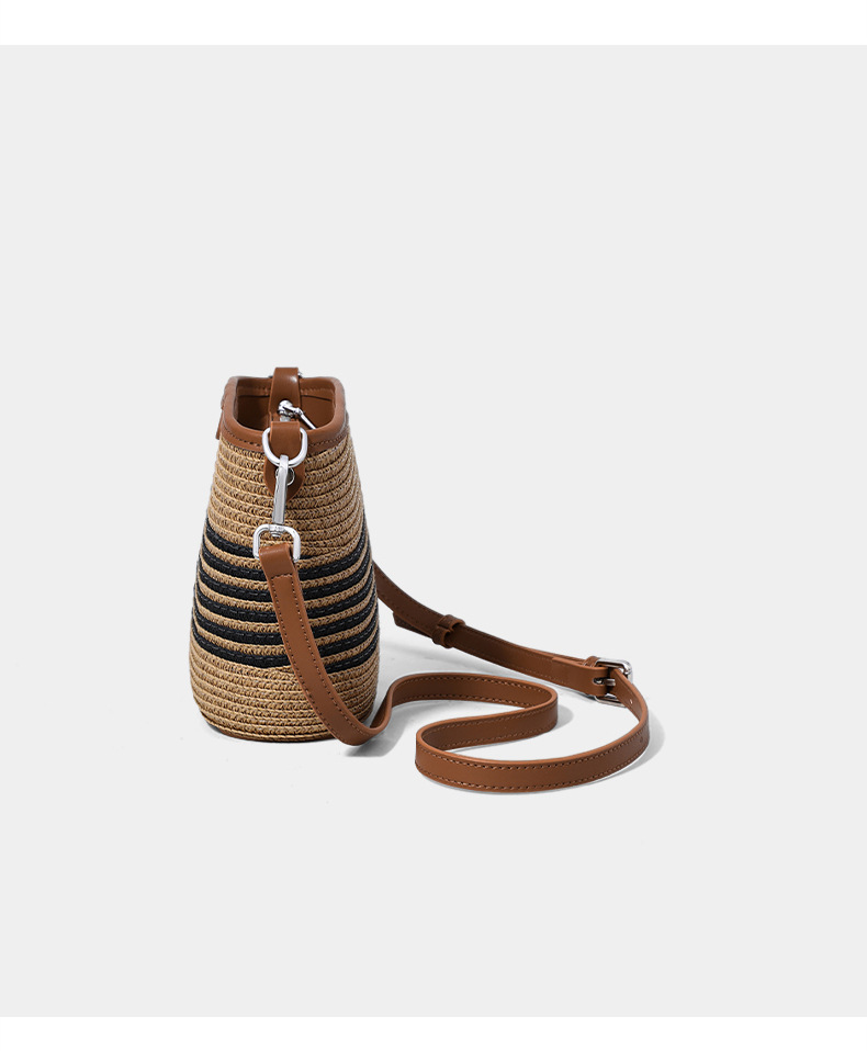 Túi bucket nữ dệt cói đi biển quai đeo chéo — màu kaki, Kaki (phiên bản công cộng) chi tiết 17