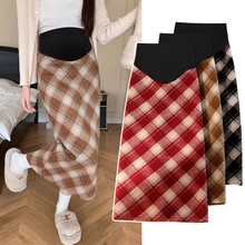 天猫品质 秋冬季孕妇复古百搭红格子毛呢A字洋气托腹半身一步长裙