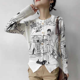 2025秋季新款精仿羊毛小众设计感涂鸦女士针织开衫女圆领外套上衣