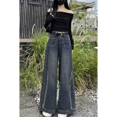 2025夏季新款美式复古水洗做旧牛仔裤女休闲设计感宽松显瘦阔腿裤