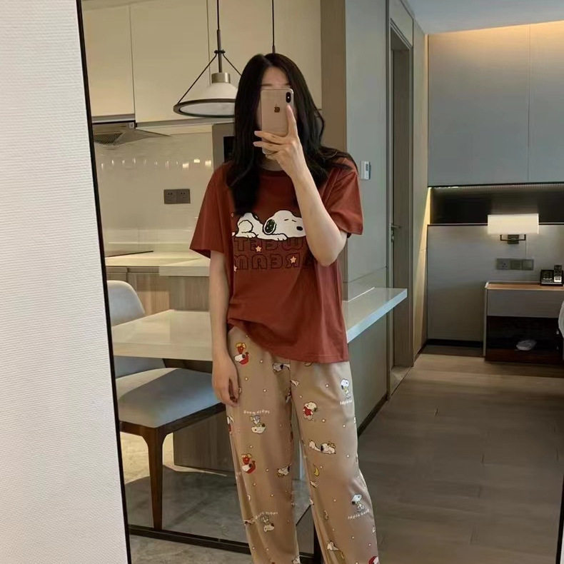 Live Delivery Summer Imitation Cotton Pajamas Women's Short-Sleeved Pants Loose Korean Style Ins Style Can Be Worn Outside Home Clothes Export