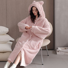 睡袍女睡衣秋冬款冬季珊瑚绒加绒加厚保暖法兰绒长款开衫连帽浴袍