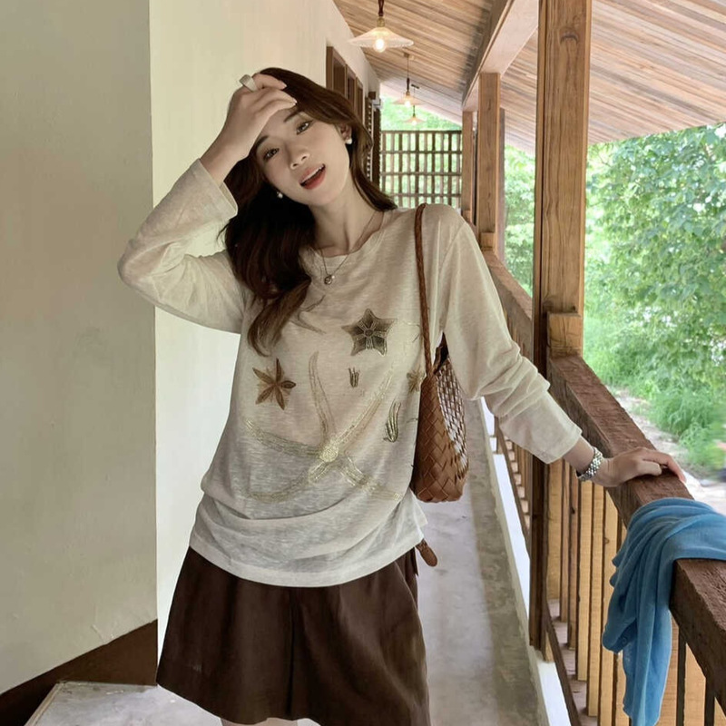Susan In-Stock Korean-Style Starfish Print Long-Sleeve T-Shirt, Cool and Breathable Sun-Protective Cover-Up, Trendy Top 5108S