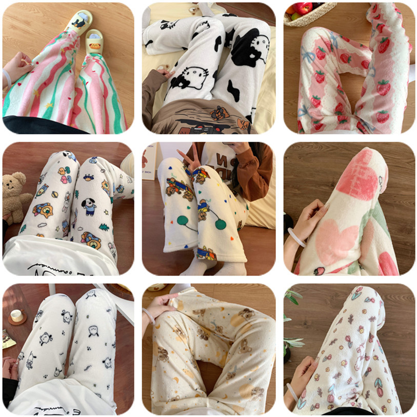 Pantalones de pijama de franela de invierno para mujeres dulces lindos pantalones largos de dibujos animados para animales hogares de otoño estudiantes comercio exterior al por mayor
