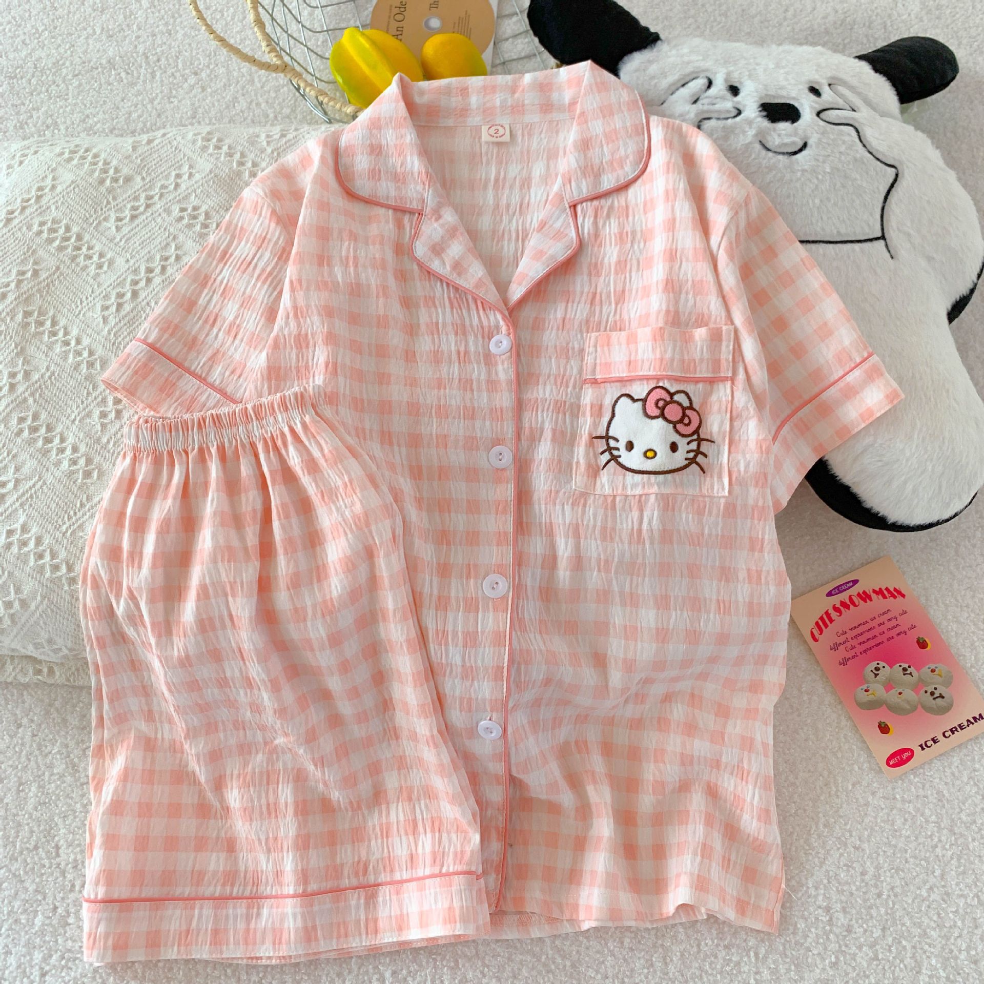5529 핑크 체크 KT 고양이 - 구름면 반팔 반바지