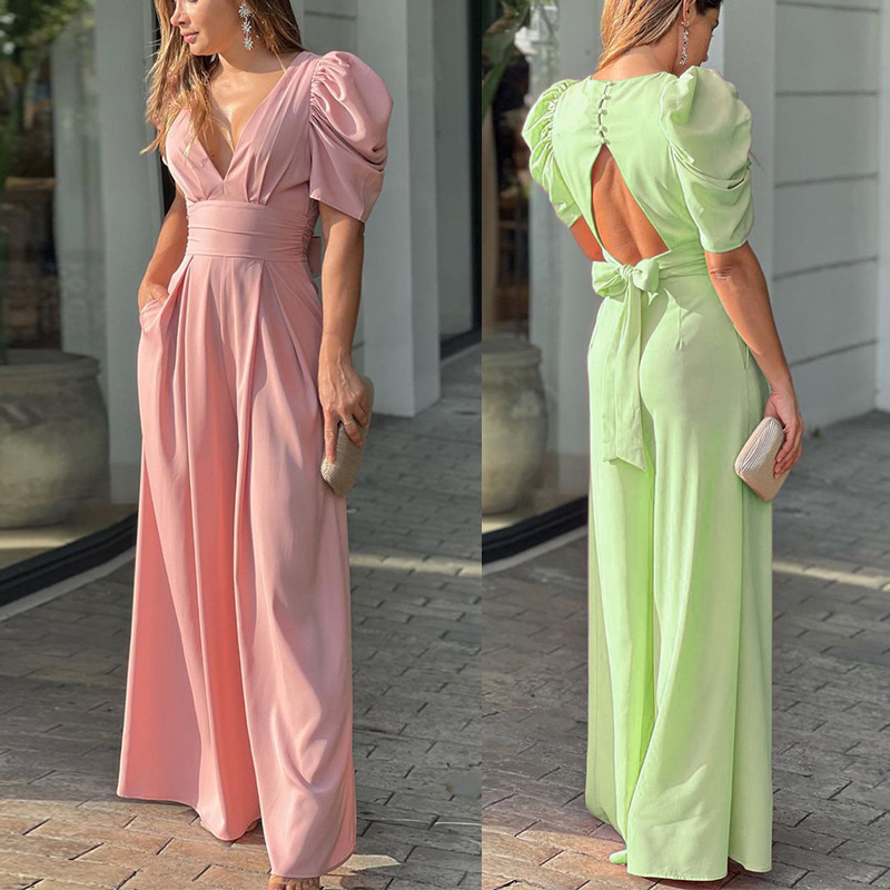 V-neck backless slim lace-up puff sleeve wide-leg solid color jumpsuit NSONF130865