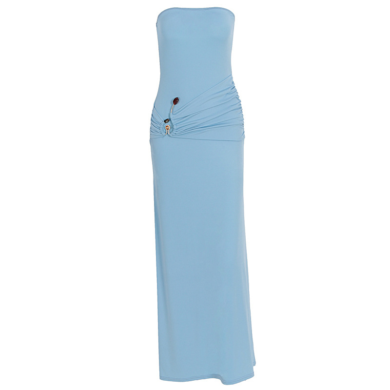 Women's Clothing Metallic Twist Strapless Long Skirt For Women Bodycon Slim Fit High Elasticity Solid Color Style_ecoleips.com