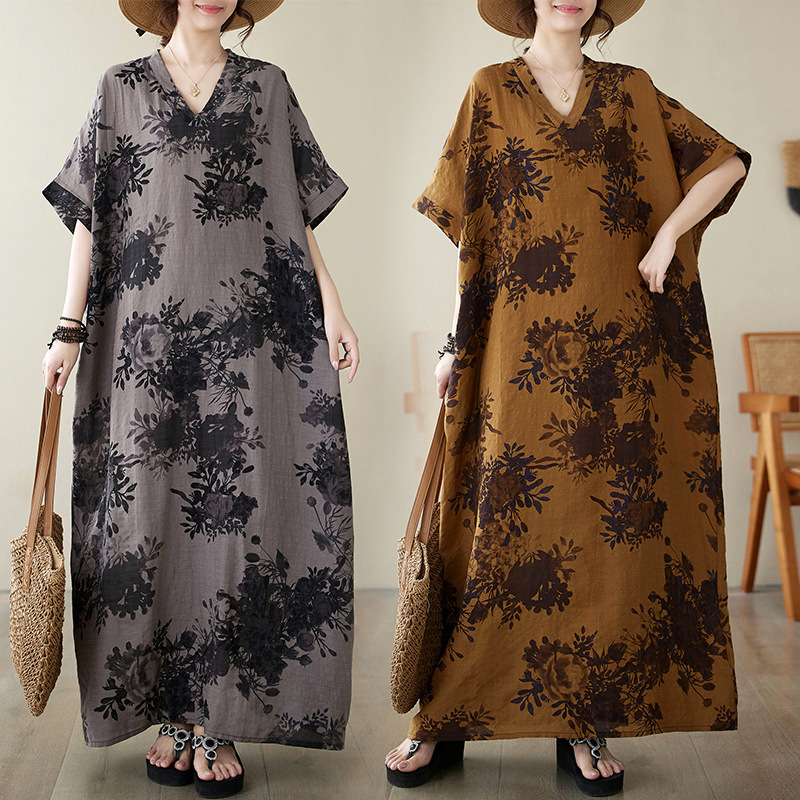 Real Shot of 2025 Summer V-Neck Cotton and Linen Plus-Size Loose-Fitting Artistic Retro Vacation-Style Beach Dress Mid-Length Robe for Women Real Shot of 2025 Summer V-Neck Cotton and Linen Plus-Size Loose-Fitting Artistic Retro Vacation-Style Beach Dress Mid-Length Robe for Women