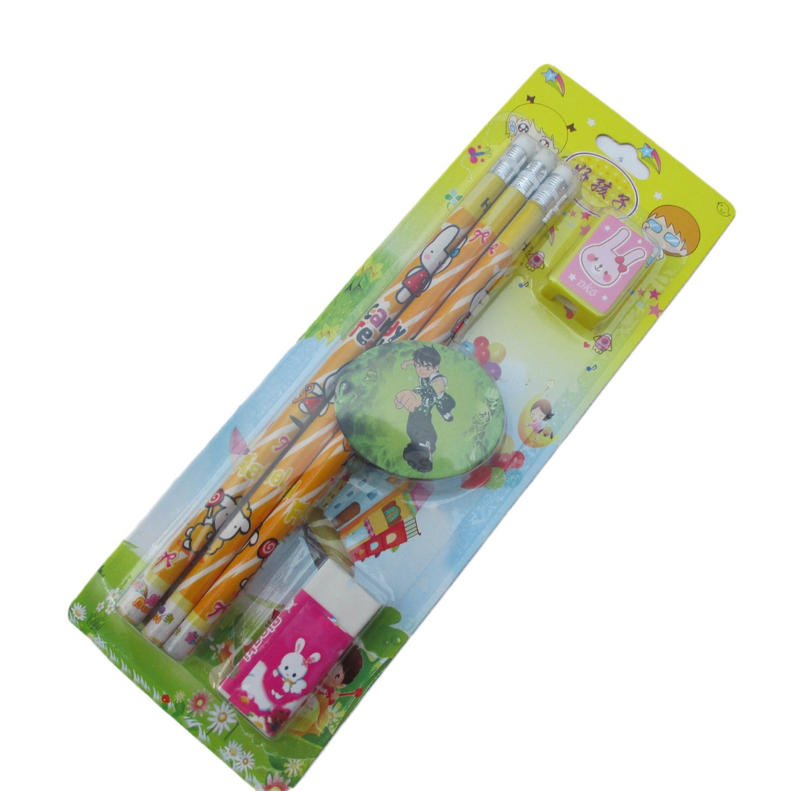 Venta al por mayor binario 4 lápices + borrador sacapuntas combinación traje suministros de juguete para niños