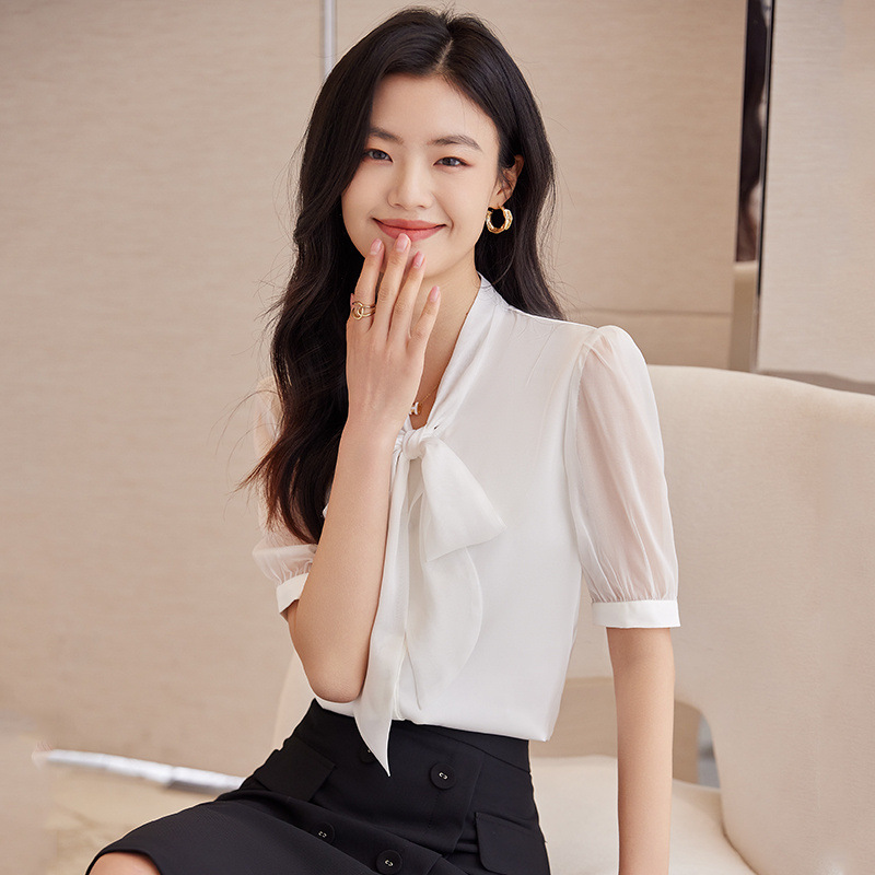 Shiffon professional summer elegant shirt with bow for work