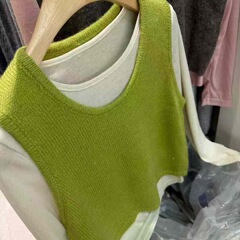 2025早秋新款时尚圆领镂空针织背心+长袖t恤两件套女显瘦上衣潮