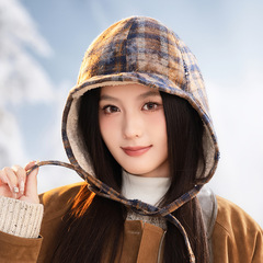 日系帽子冬季复古格子系带雷锋帽女加厚加绒保暖护耳包头帽显脸小