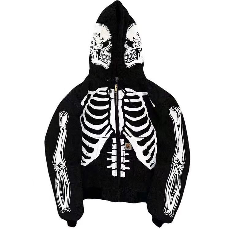 2023 New Men's and Women's Same Style 3D Digital Printing Casual Cool Halloween Skull Fleece-Lined Zipper Sweatshirt