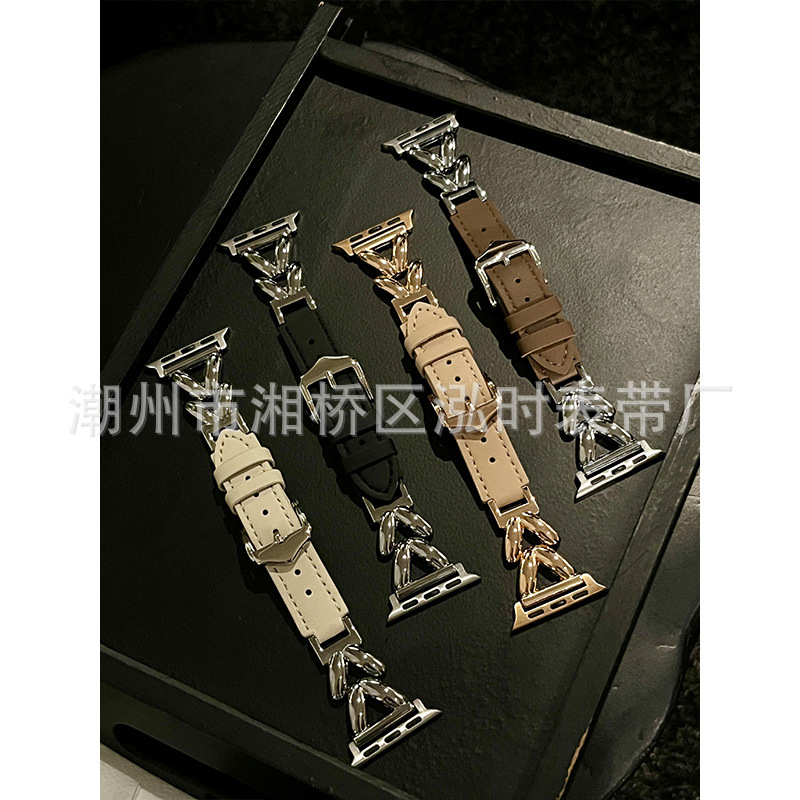 Suitable for Apple Watch 10/11 Metal Leaf Style Leather Strap Iwatch9876 High-End Watch Strap