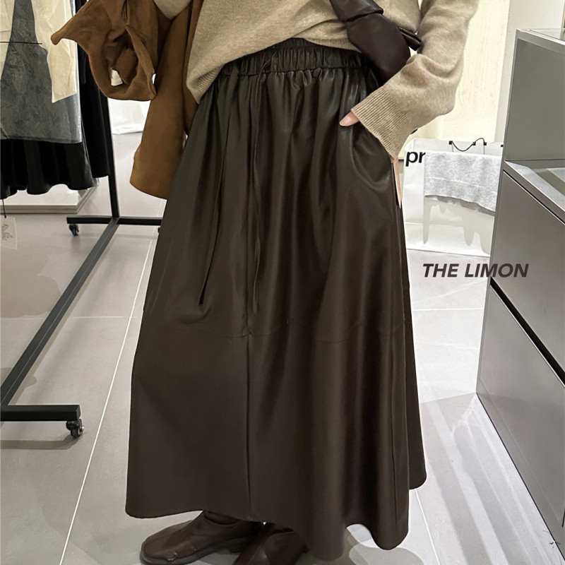 the limon柠檬绿茶2025秋季新款复古松紧腰PU皮半身裙女中长款裙|undefined