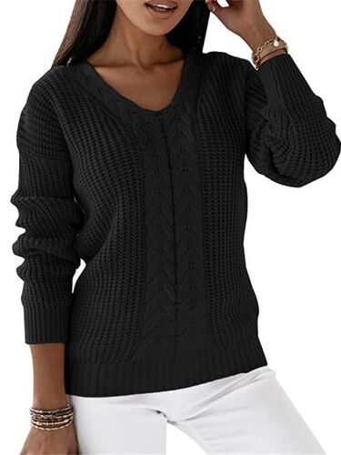 Women's Long-Sleeve V-Neck Solid Color Crochet Casual Knit Turtleneck Sweater