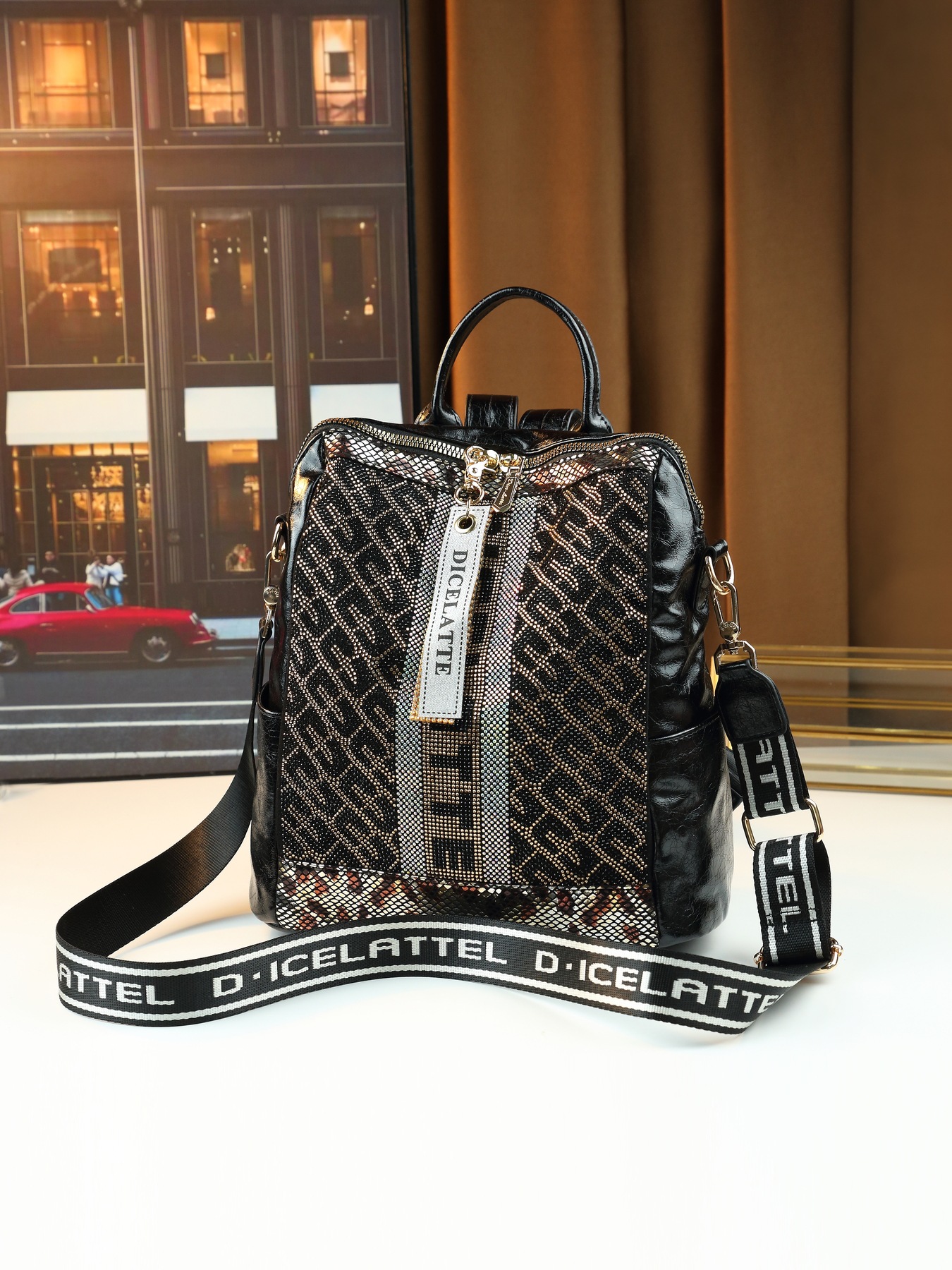 Women's Rhinestone Square Backpack Casual Shoulder Tote Bag_voghion.com