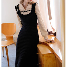 月光曲 法式拼接假两件复古小黑裙显瘦针织连衣裙长裙2023新款女