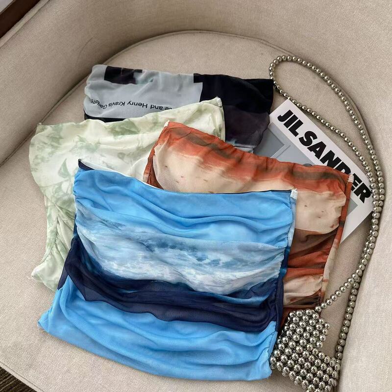 New Style Sweet Cool Small Navel Mesh Pleated Top Niche All-match Color Matching Shoulder Wrap Vest for Women