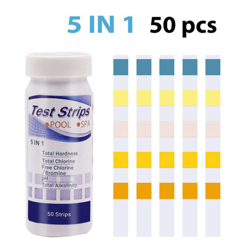 Spring Water Pool 5-in-1 Test Strips - Residual Chlorine, pH, Alkalinity, and Hardness Tester - 1 Bottle (50 Test Strips)