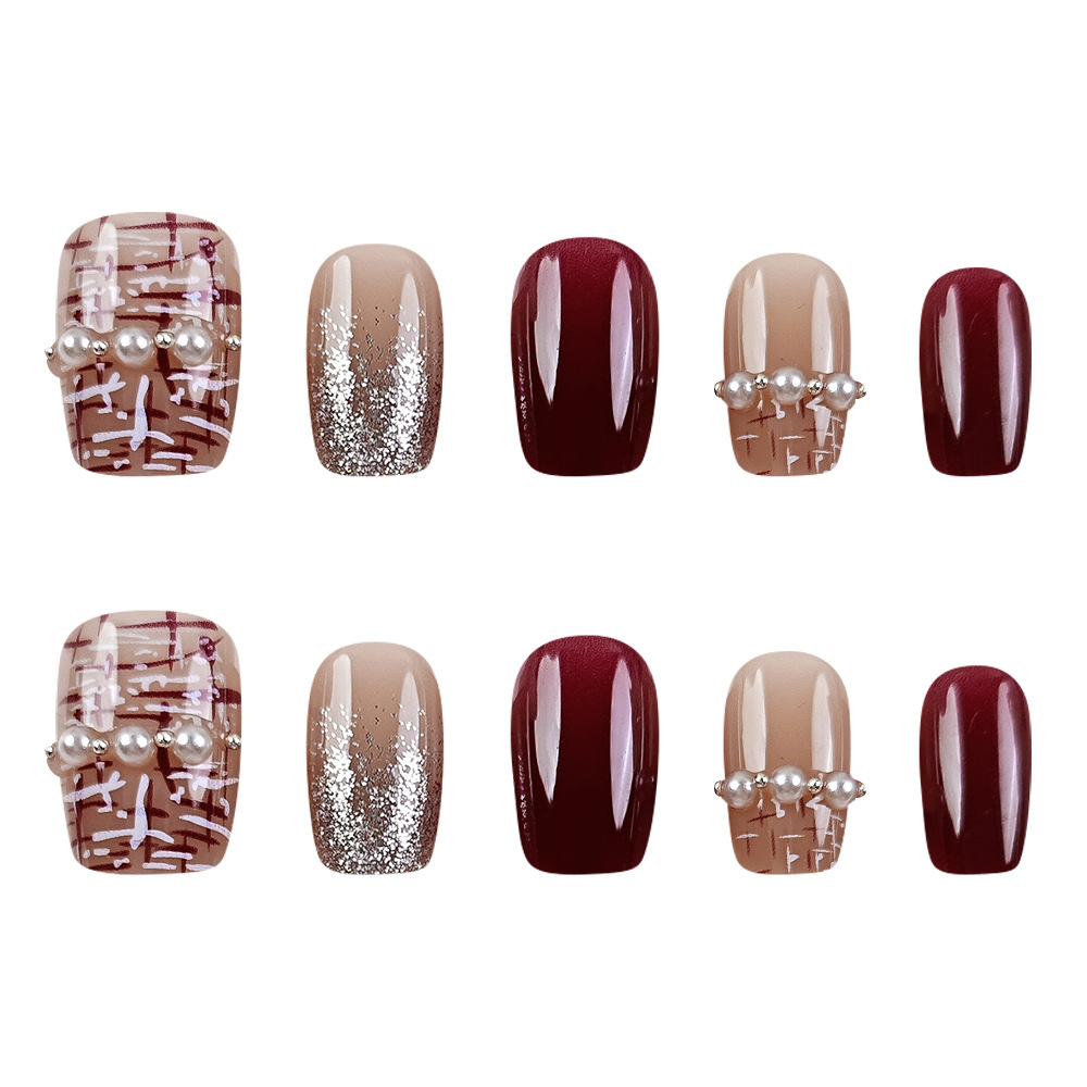 Ventas calientes de vino rojo blanco de uñas, polvo de perla brillante, atmósfera suave de uñas, 10 piezas de parche de uñas de moda.