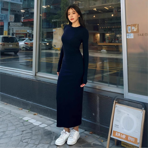 Blue Denim Round Neck Long Sleeve Dress for Trendy Girls, Bodycon A-Line Skirt, Slimming and Fashionable Women's Dress