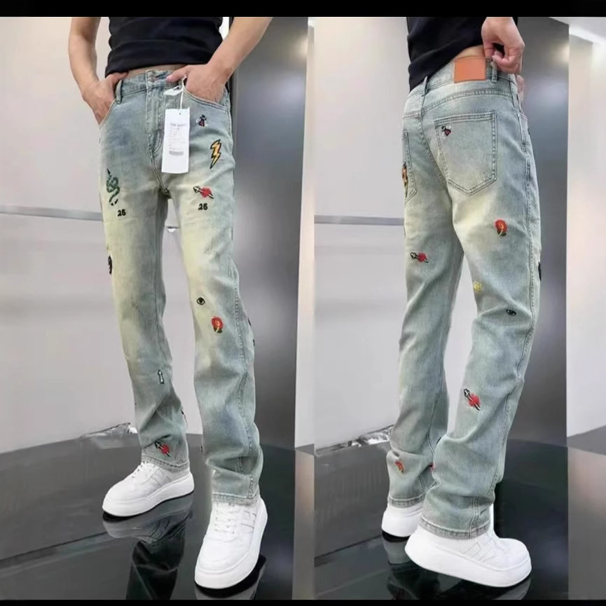 Premium Embroidered Jeans for Men, Light-Colored New Style, Light Luxury Slim Wide-Leg Pants, High Street Trendy Stretch Denim Men's Pants