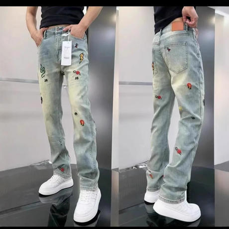 Premium Embroidered Jeans for Men, Light-Colored New Style, Light Luxury Slim Wide-Leg Pants, High Street Trendy Stretch Denim Men's Pants