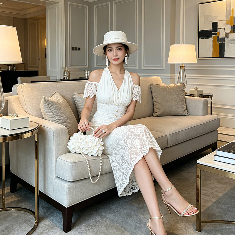 Đầm ren ôm body nữ cổ V tay lửng phong cách Pháp — màu mơ chi tiết 3