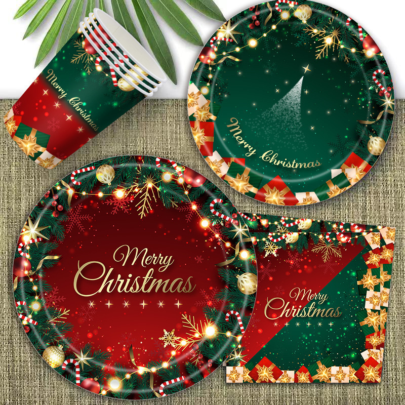Spot Sale Christmas Theme Party Party Decorations Disposable 3 Silk Tablecloth Paper Cup Towel Plate Set