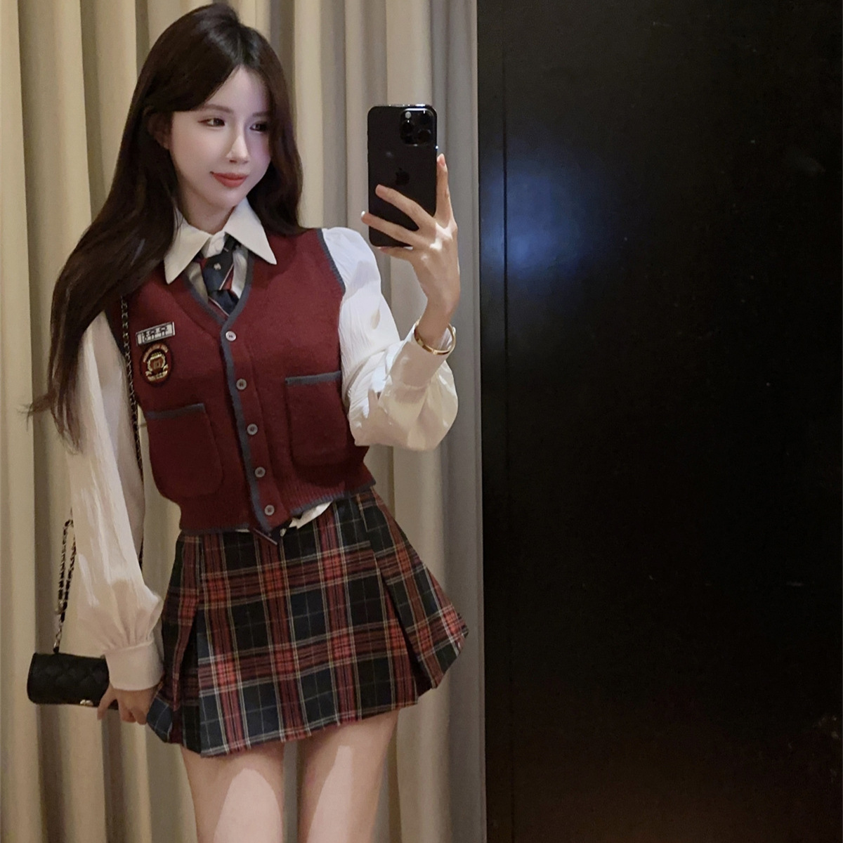 한국 대학 스타일 JK 가을 겨울 세트 셔츠 조끼 높은 허리 격자 무늬 하프 스커트 달콤한 스파이스 소녀 3 피스 세트