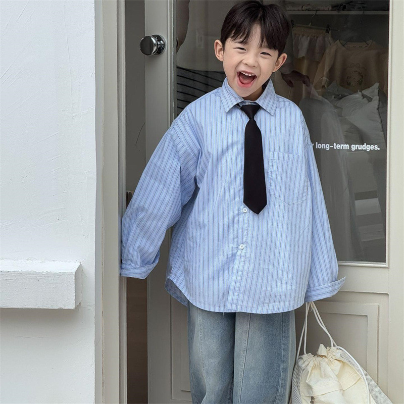 2025 Spring New Korean Style Medium and Small Children Cool and Stylish Band Collar Men's Loose Striped Long Sleeve Shirt Trend